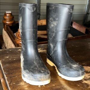 Black Rubber Boots with Tan Soles